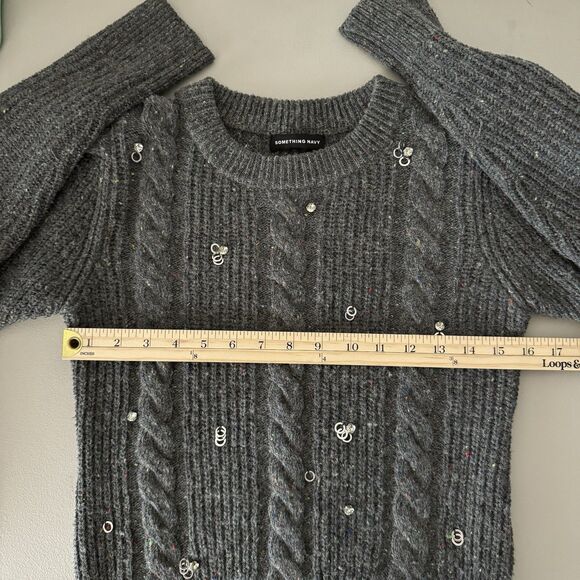 Something Navy Womens Cable Knit Sweater XS Gray Puff Sleeve Bling Wool Preppy - Picture 12 of 14